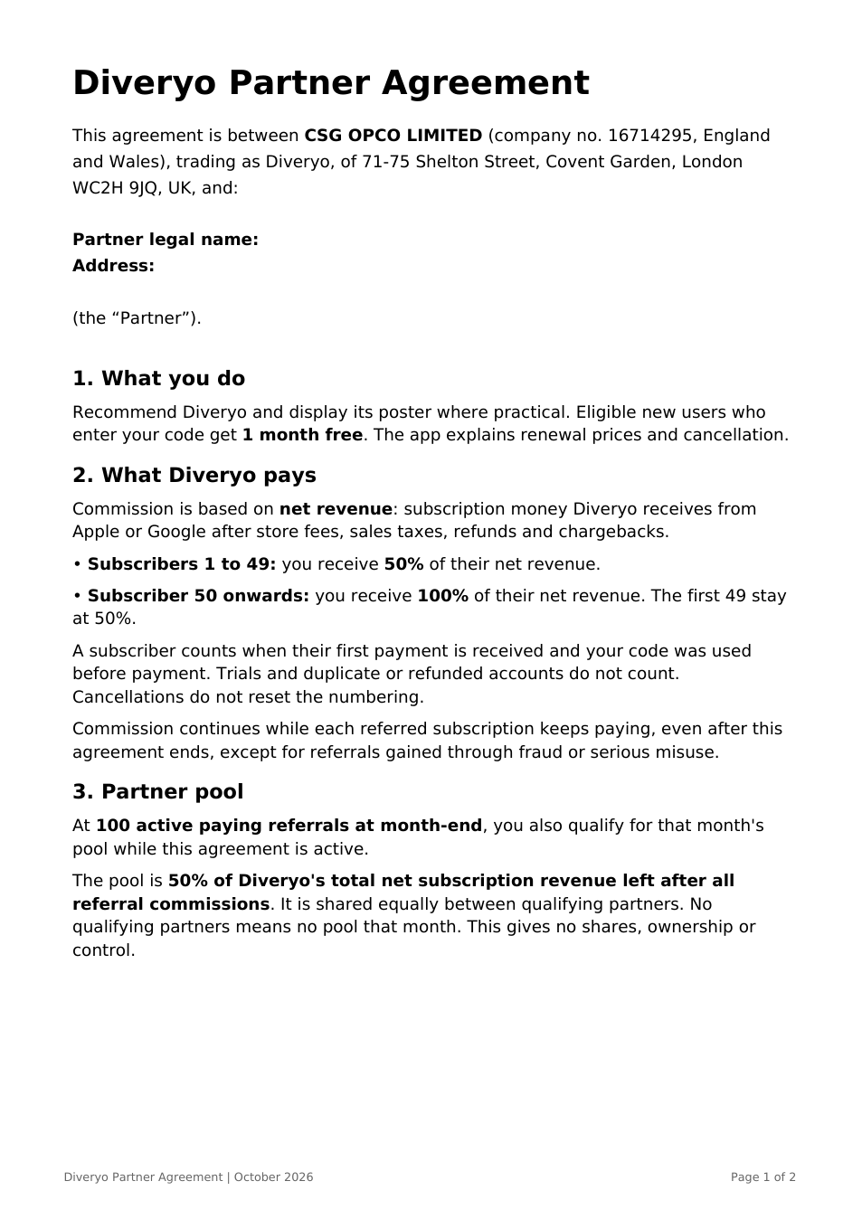 Diveryo partner agreement, page 1