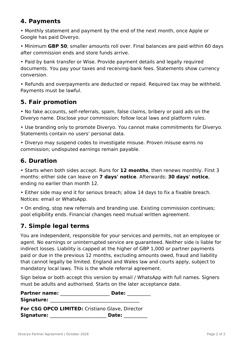 Diveryo partner agreement, page 2